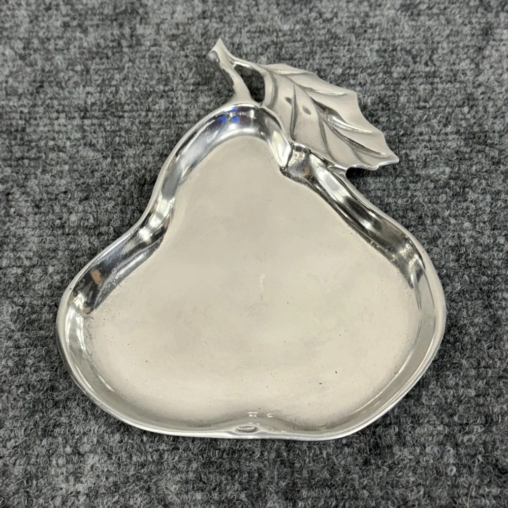 Fitz & Floyd Silver Metal Pear Shaped Serving Tray Small Leaf Handle Decor